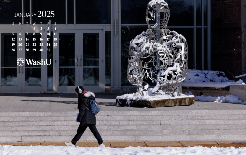 WashU student walking in winter