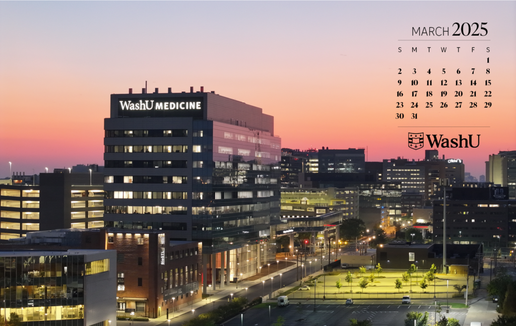 WashU Medicine building at sunset