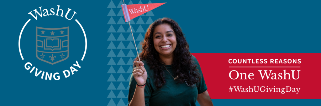 WashU Giving Day Twitter/X cover photo. WashU student waving a red WashU flag.