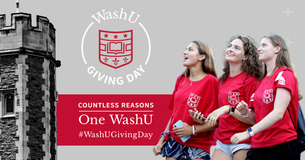 Facebook post image. Three WashU students in red shirts.