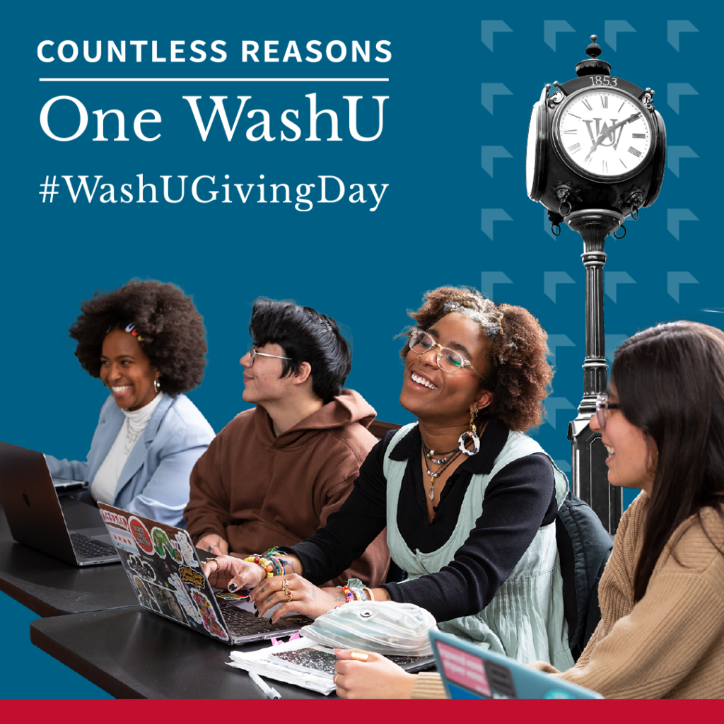 WashU Giving Day Instagram post image. Four WashU students sitting at a desk with their laptops.