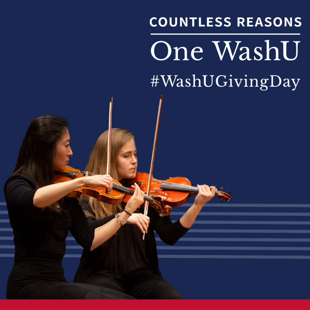 WashU Giving Day Instagram post image. Two students playing in an orchestra.