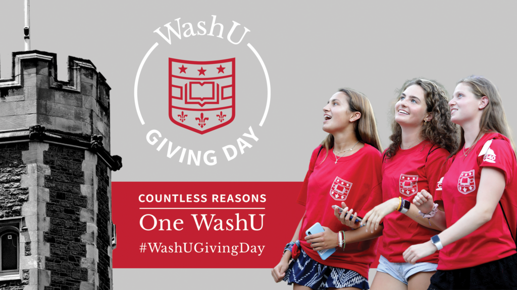 WashU Giving Day Twitter/X post image. Three students smiling.